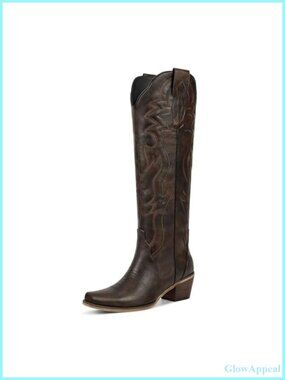 Women's Faux Leather Knee-High Western Cowboy Boots Snip Toe Block Heel